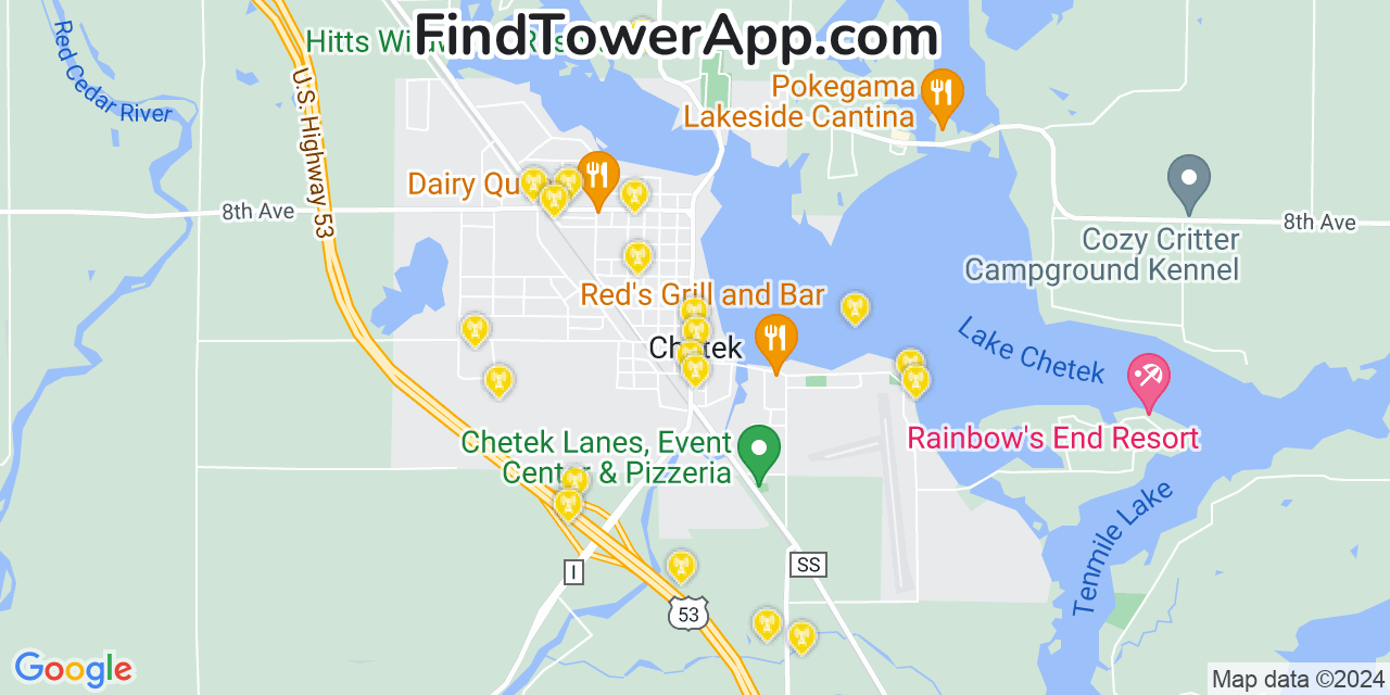 AT&T 4G/5G cell tower coverage map Chetek, Wisconsin