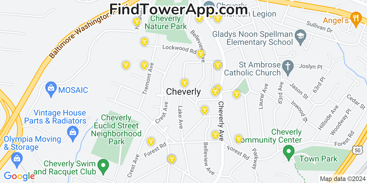 AT&T 4G/5G cell tower coverage map Cheverly, Maryland