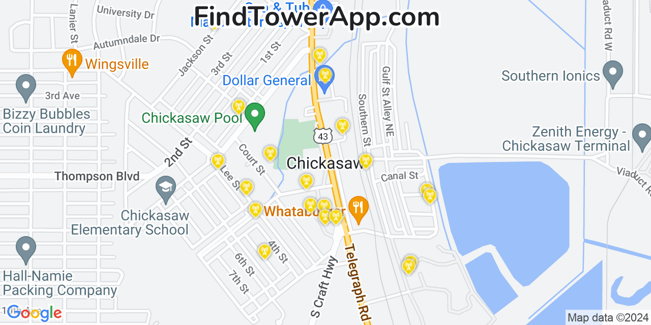 AT&T 4G/5G cell tower coverage map Chickasaw, Alabama