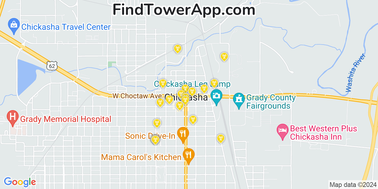 AT&T 4G/5G cell tower coverage map Chickasha, Oklahoma
