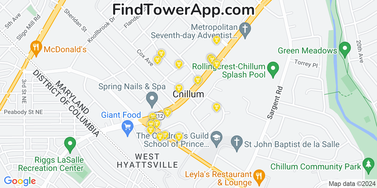 AT&T 4G/5G cell tower coverage map Chillum, Maryland
