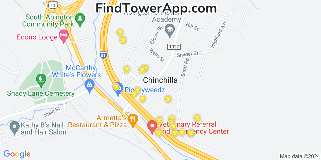 AT&T 4G/5G cell tower coverage map Chinchilla, Pennsylvania