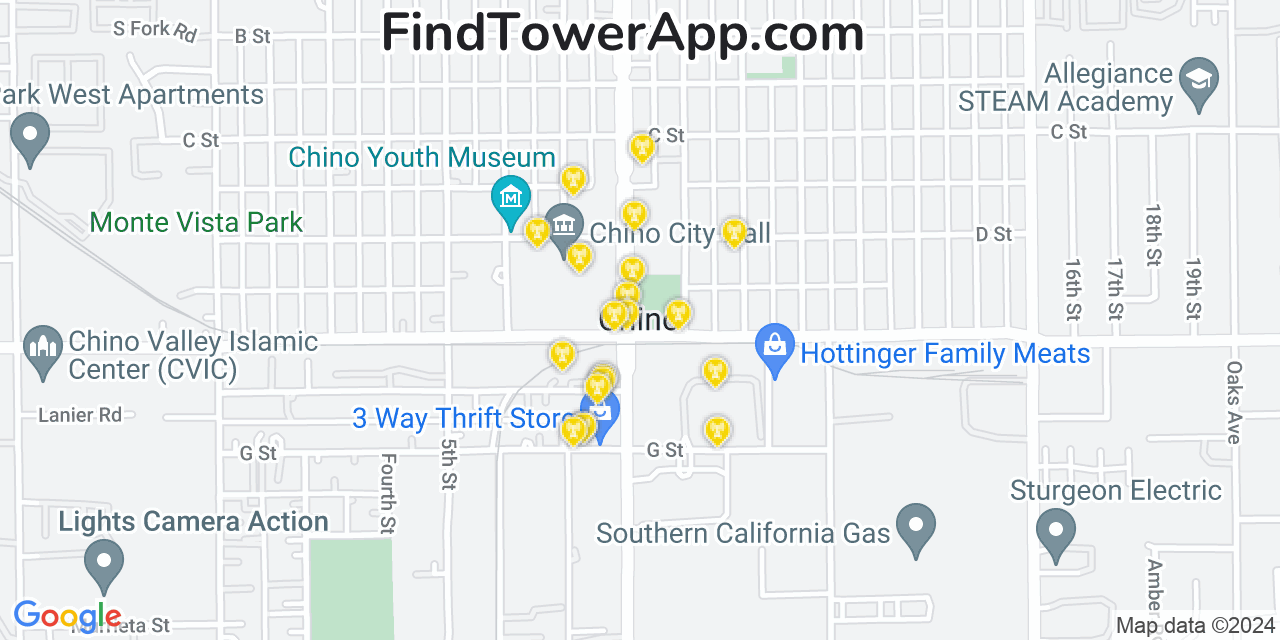 Verizon 4G/5G cell tower coverage map Chino, California