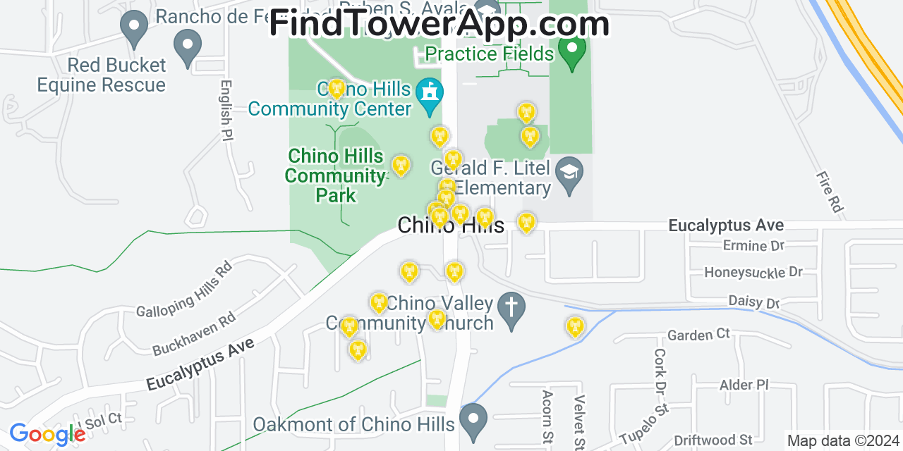 AT&T 4G/5G cell tower coverage map Chino Hills, California