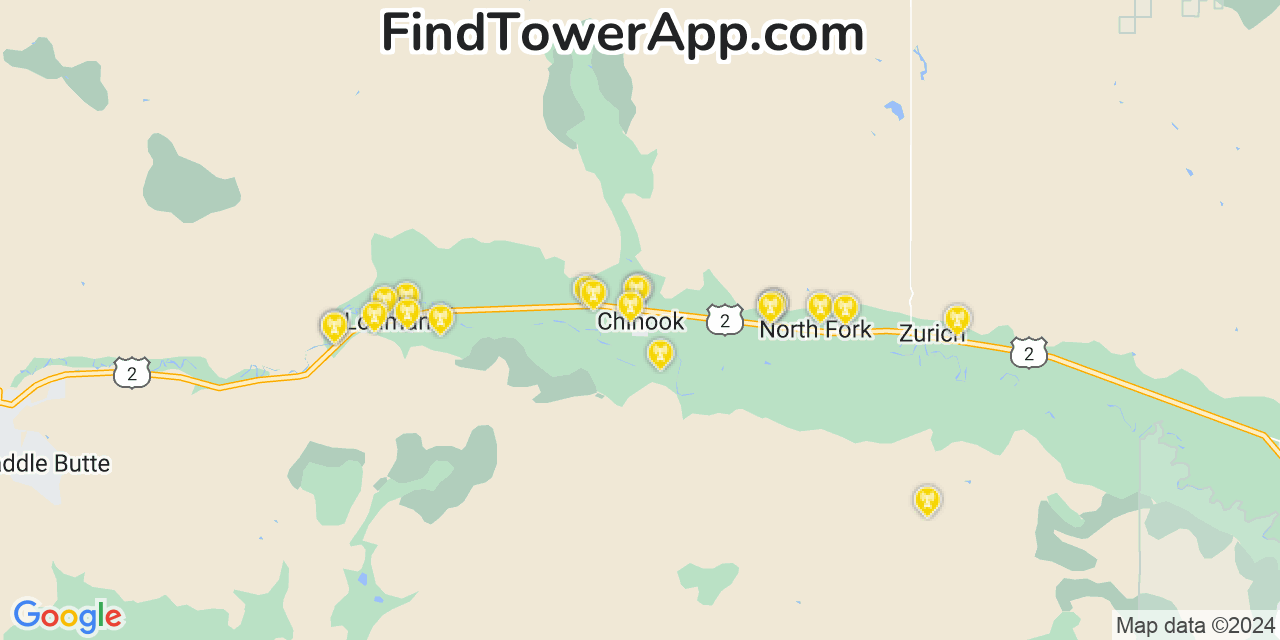 Verizon 4G/5G cell tower coverage map Chinook, Montana