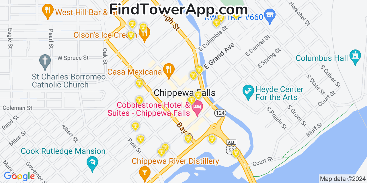 AT&T 4G/5G cell tower coverage map Chippewa Falls, Wisconsin
