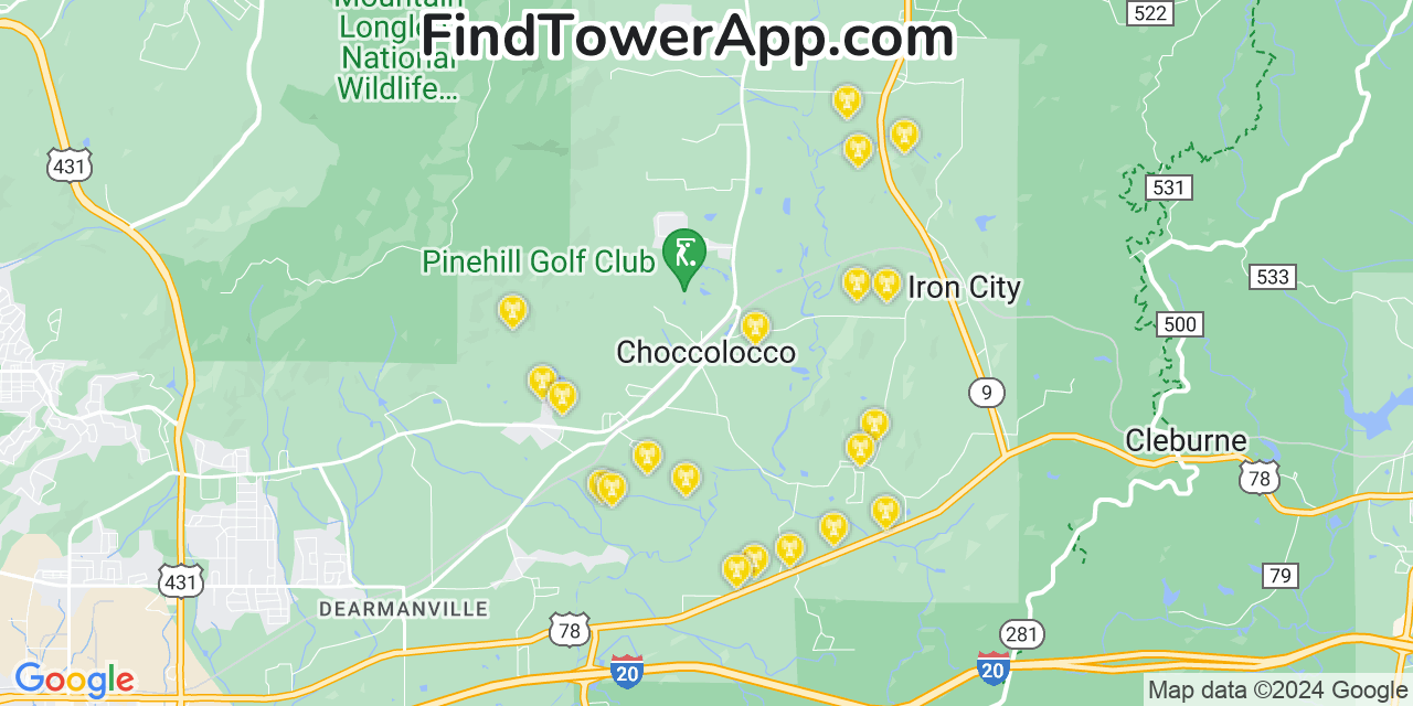 AT&T 4G/5G cell tower coverage map Choccolocco, Alabama