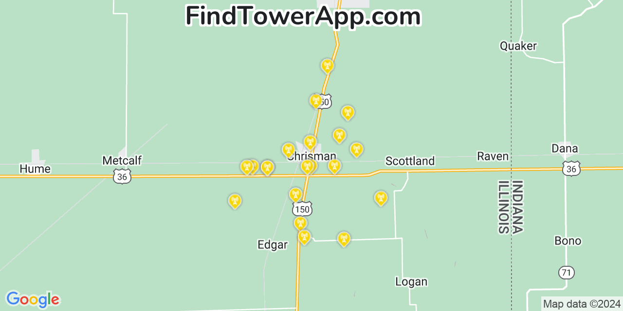 AT&T 4G/5G cell tower coverage map Chrisman, Illinois