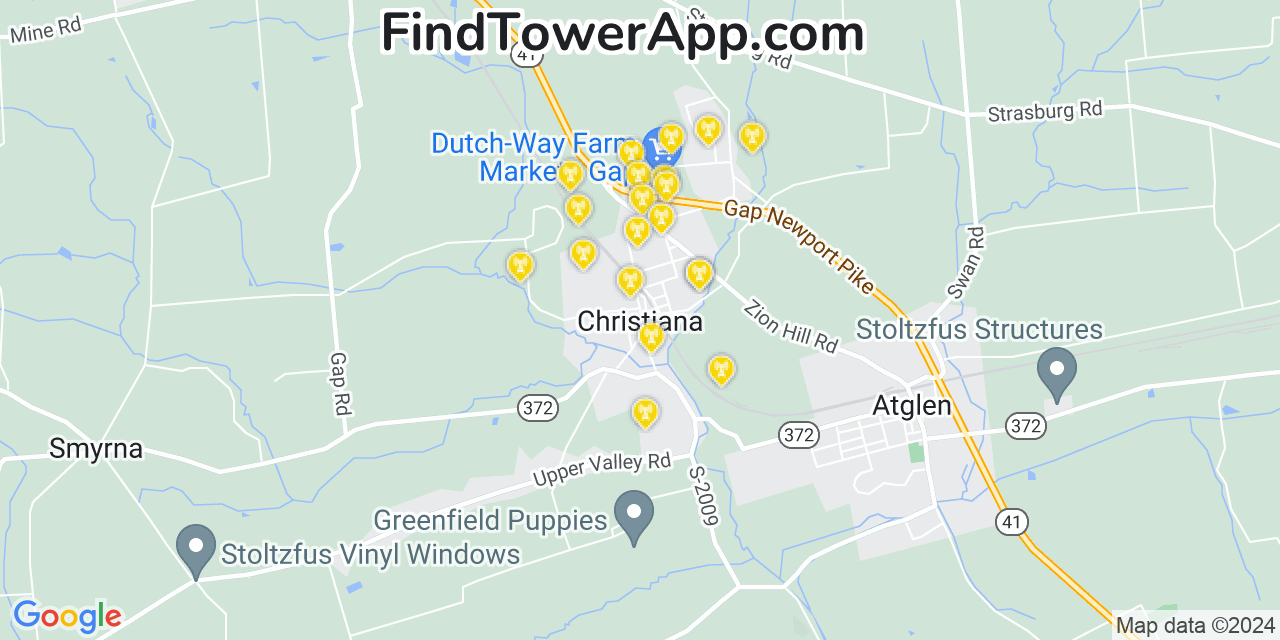 AT&T 4G/5G cell tower coverage map Christiana, Pennsylvania
