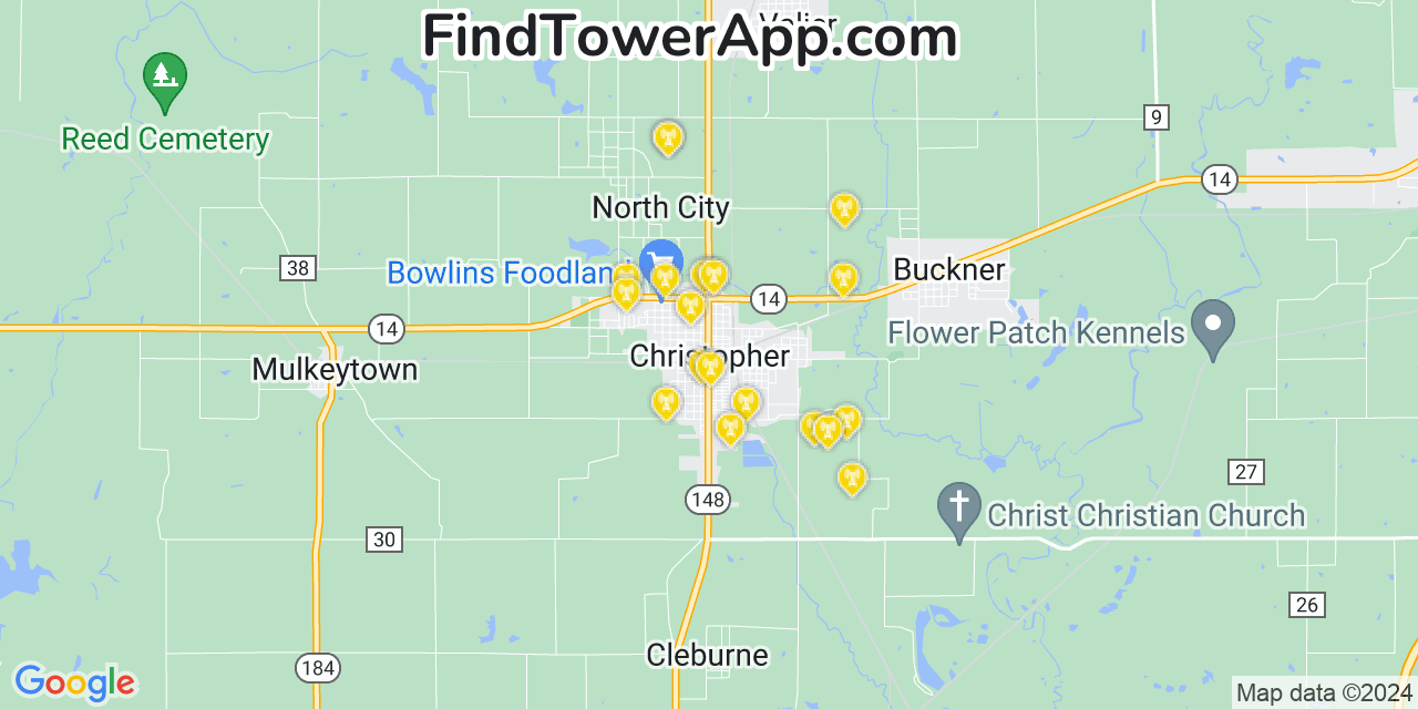 AT&T 4G/5G cell tower coverage map Christopher, Illinois
