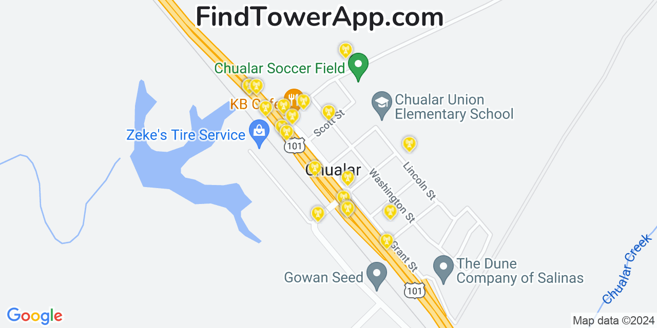AT&T 4G/5G cell tower coverage map Chualar, California