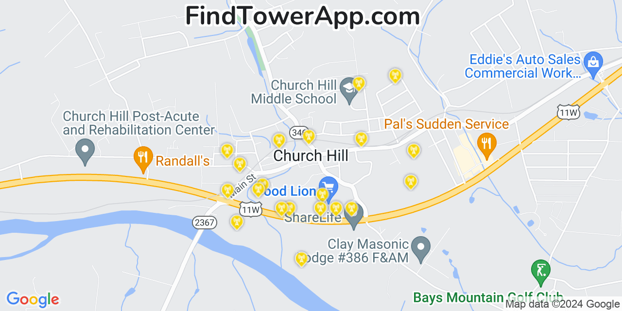 AT&T 4G/5G cell tower coverage map Church Hill, Tennessee