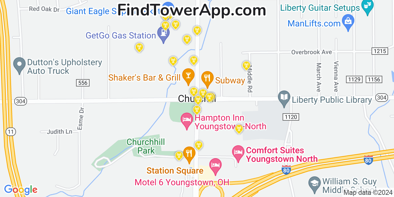 AT&T 4G/5G cell tower coverage map Churchill, Ohio