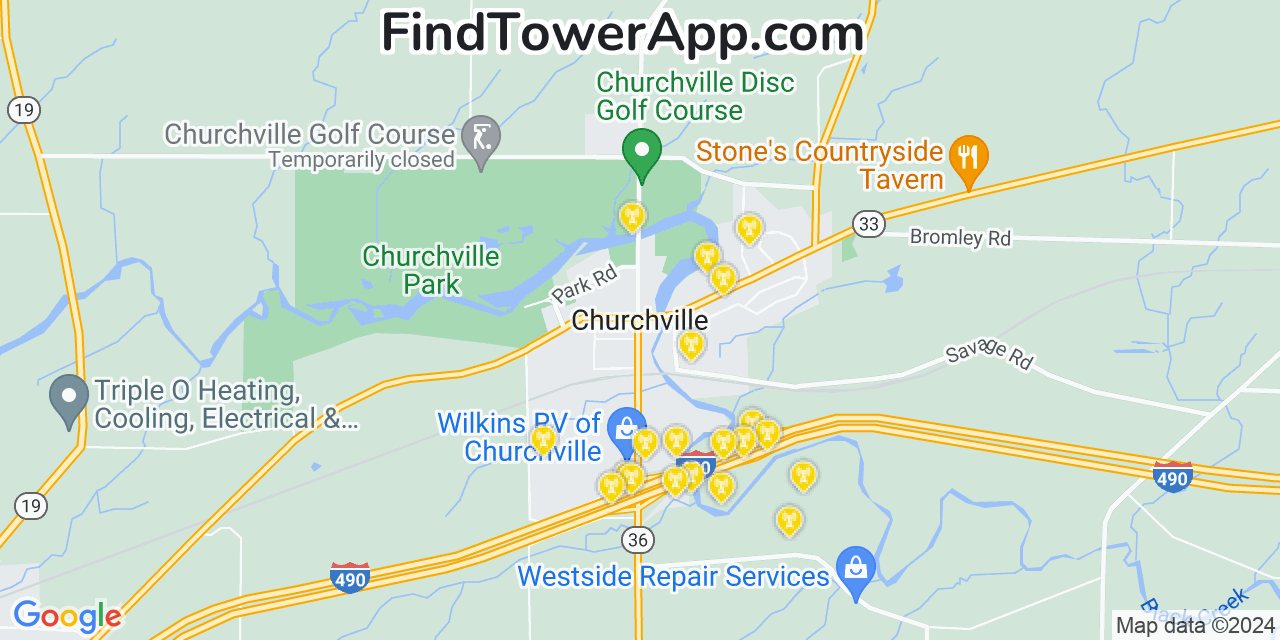 AT&T 4G/5G cell tower coverage map Churchville, New York