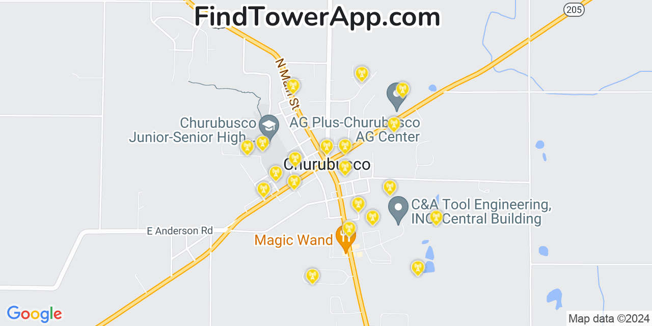 AT&T 4G/5G cell tower coverage map Churubusco, Indiana