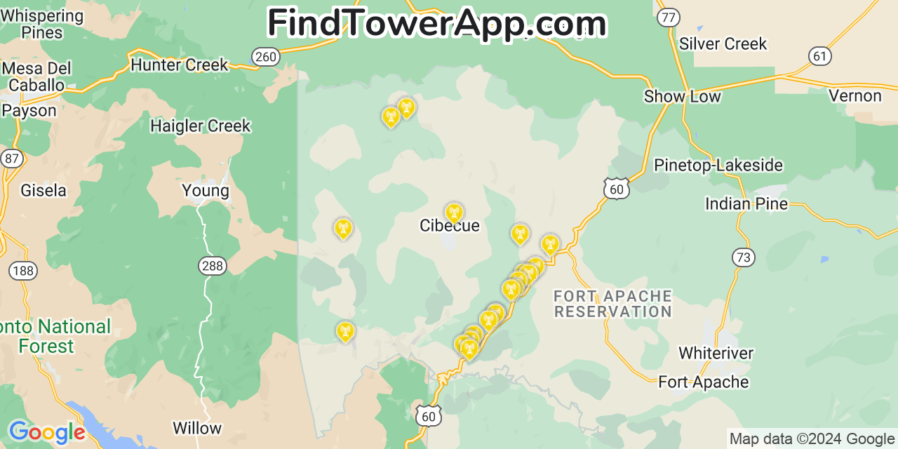 Verizon 4G/5G cell tower coverage map Cibecue, Arizona