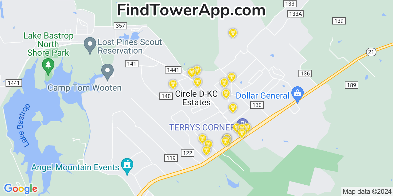AT&T 4G/5G cell tower coverage map Circle D KC Estates, Texas
