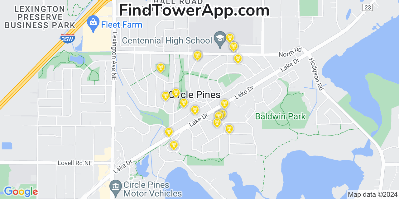 AT&T 4G/5G cell tower coverage map Circle Pines, Minnesota