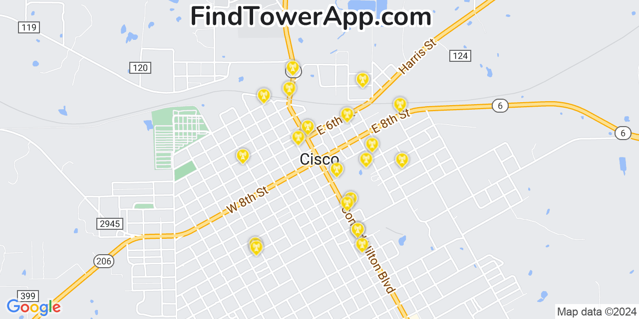Verizon 4G/5G cell tower coverage map Cisco, Texas