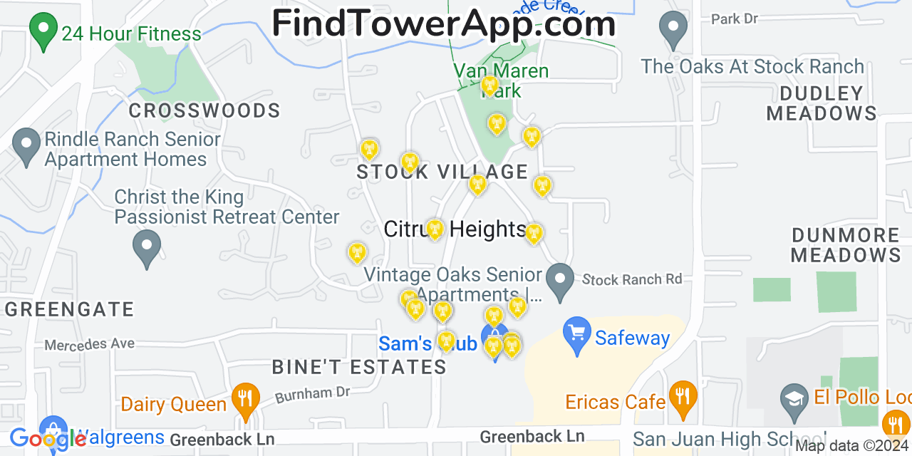 AT&T 4G/5G cell tower coverage map Citrus Heights, California