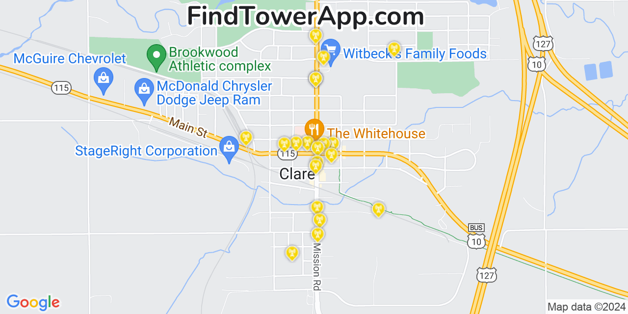 AT&T 4G/5G cell tower coverage map Clare, Michigan