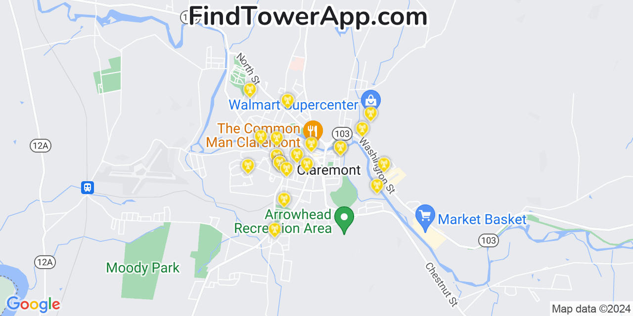AT&T 4G/5G cell tower coverage map Claremont, New Hampshire