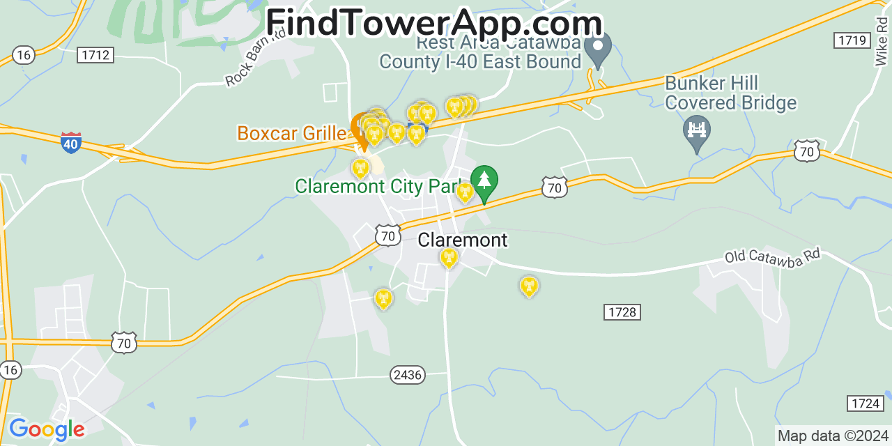 AT&T 4G/5G cell tower coverage map Claremont, North Carolina