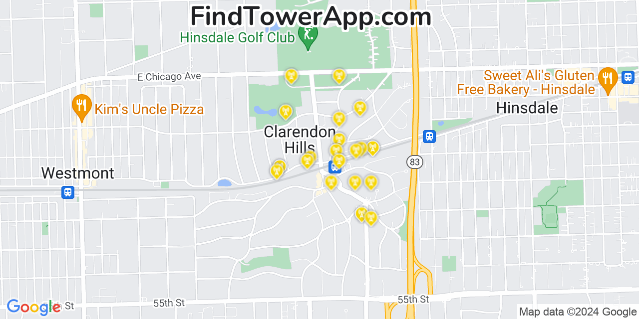 AT&T 4G/5G cell tower coverage map Clarendon Hills, Illinois