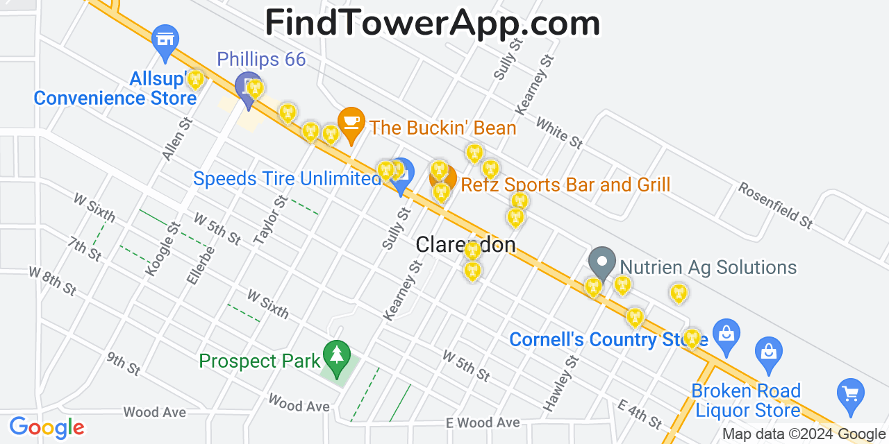 AT&T 4G/5G cell tower coverage map Clarendon, Texas