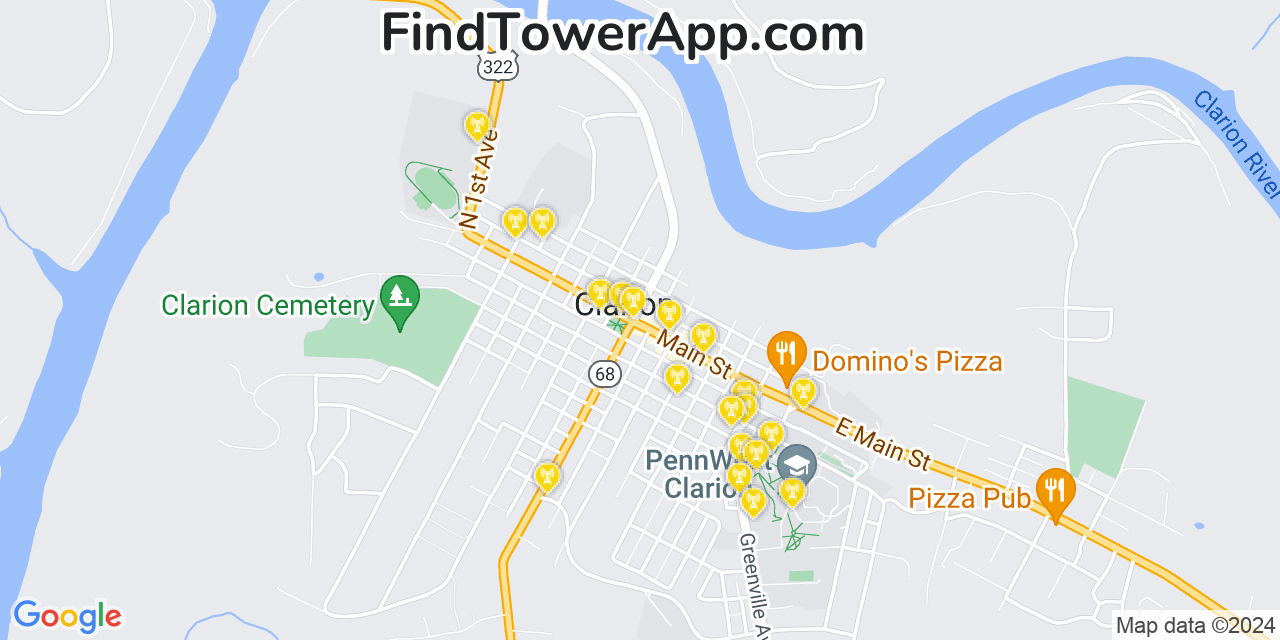 AT&T 4G/5G cell tower coverage map Clarion, Pennsylvania