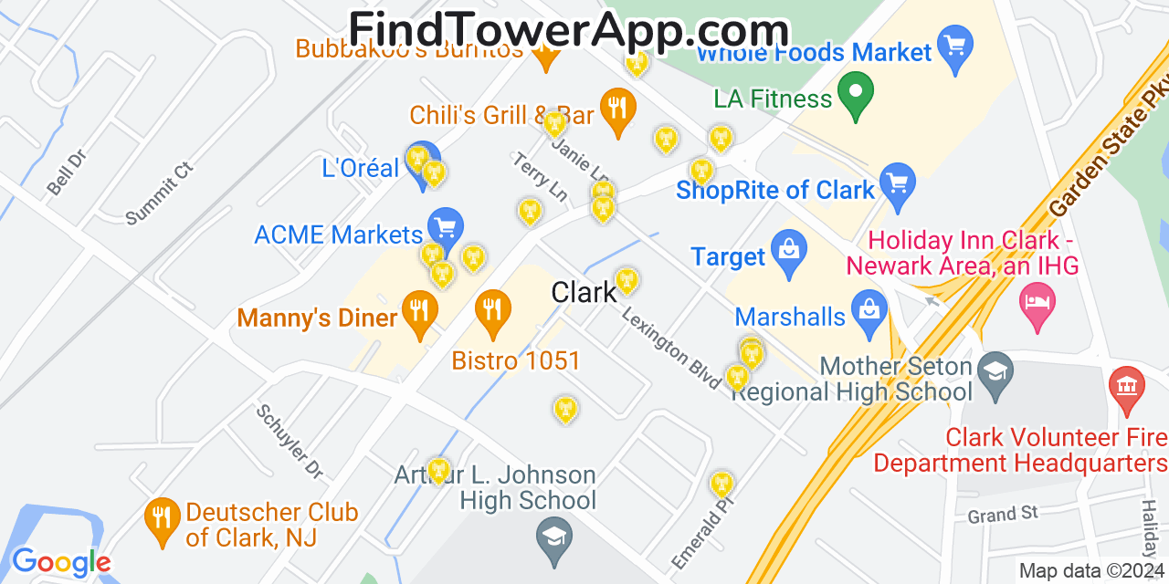 AT&T 4G/5G cell tower coverage map Clark, New Jersey