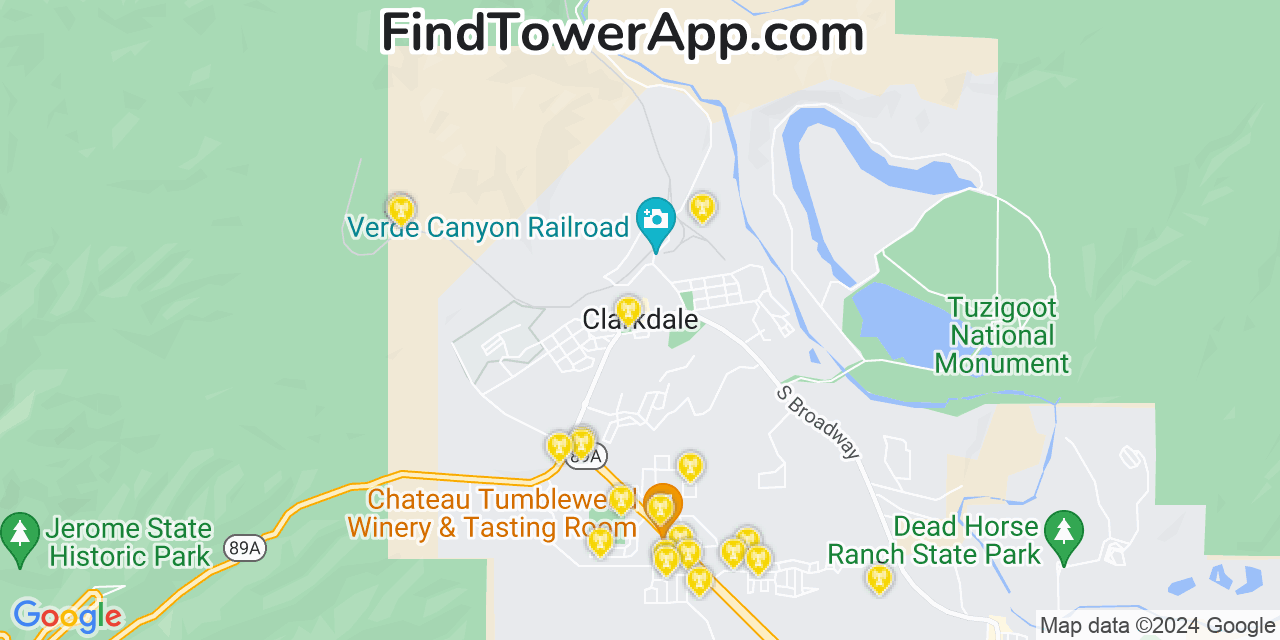 AT&T 4G/5G cell tower coverage map Clarkdale, Arizona
