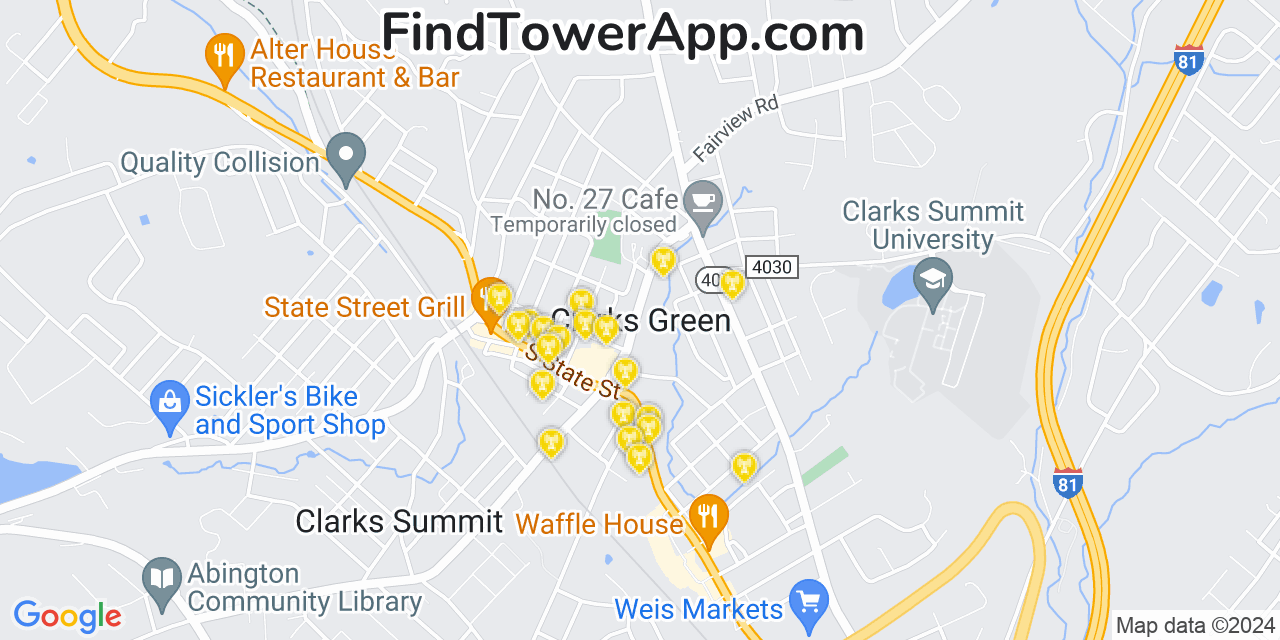 AT&T 4G/5G cell tower coverage map Clarks Green, Pennsylvania