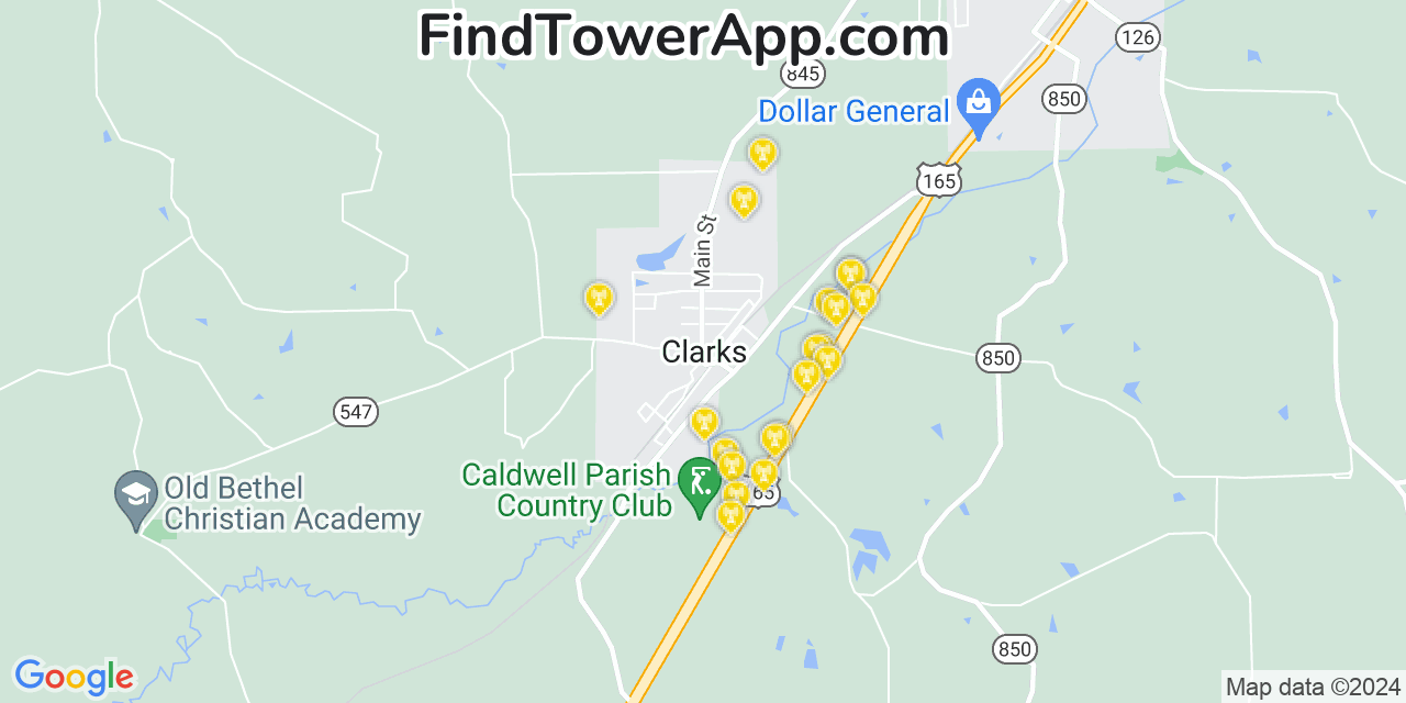 AT&T 4G/5G cell tower coverage map Clarks, Louisiana
