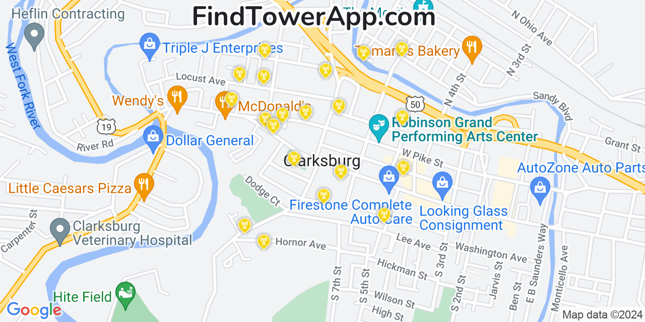 AT&T 4G/5G cell tower coverage map Clarksburg, West Virginia