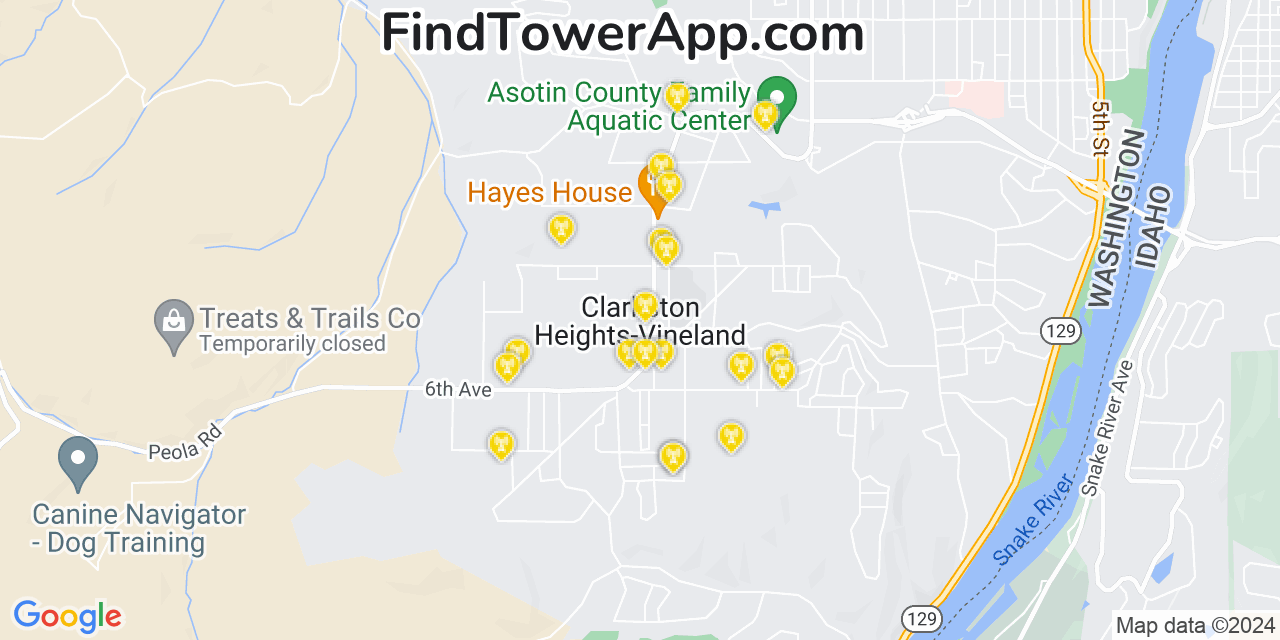 AT&T 4G/5G cell tower coverage map Clarkston Heights Vineland, Washington