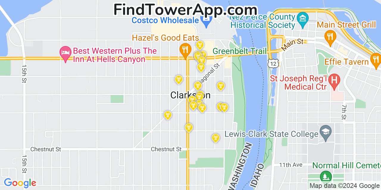 AT&T 4G/5G cell tower coverage map Clarkston, Washington
