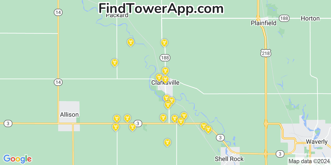 AT&T 4G/5G cell tower coverage map Clarksville, Iowa