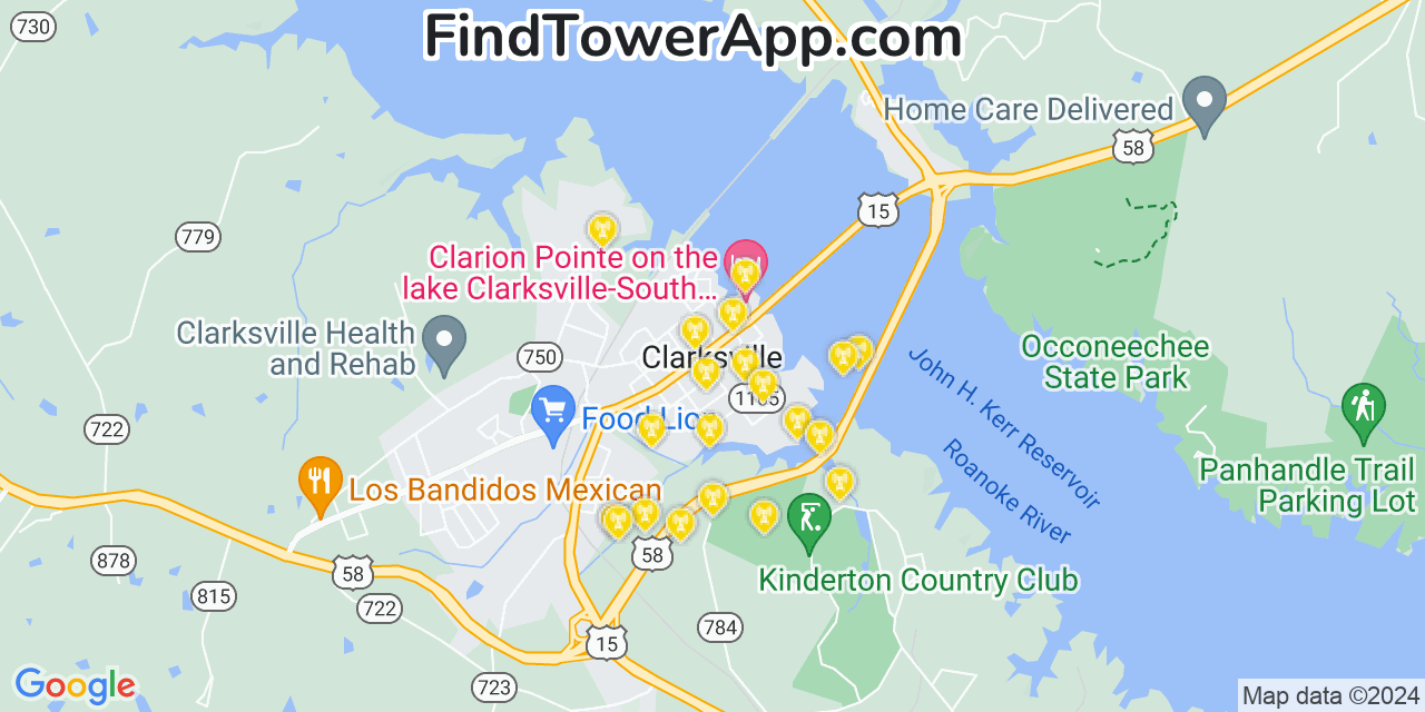 AT&T 4G/5G cell tower coverage map Clarksville, Virginia