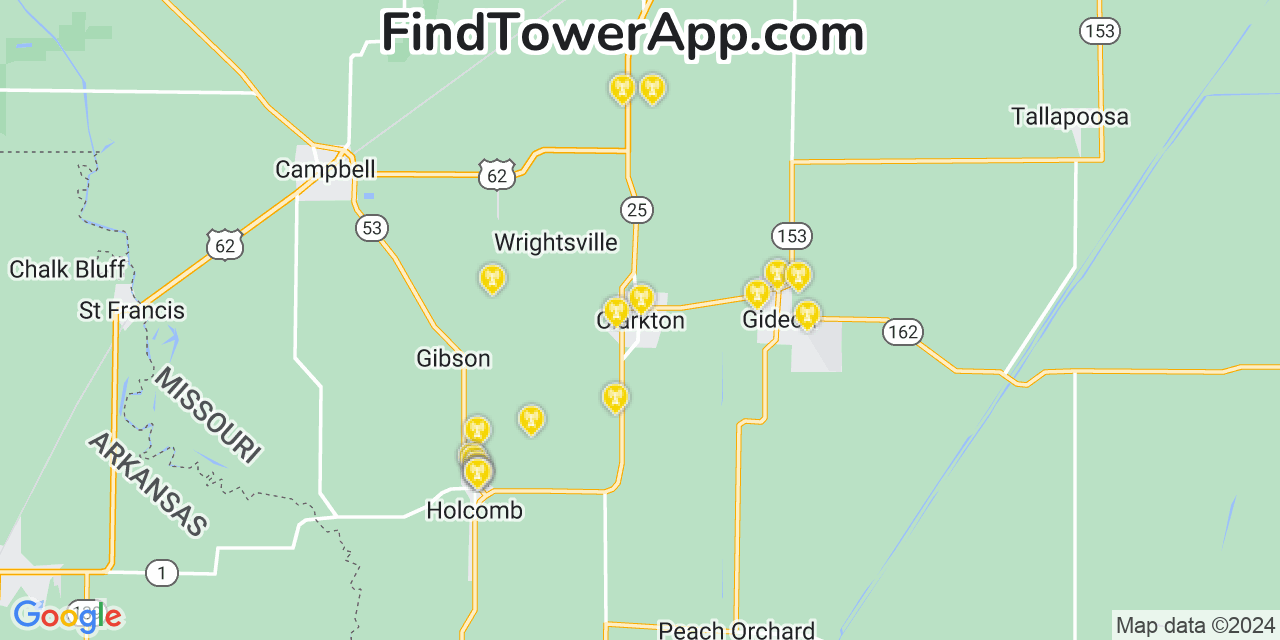 AT&T 4G/5G cell tower coverage map Clarkton, Missouri