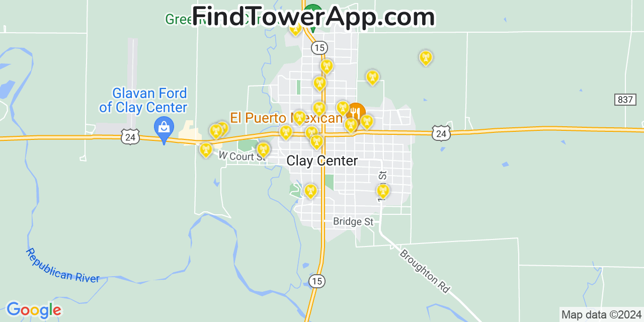 AT&T 4G/5G cell tower coverage map Clay Center, Kansas