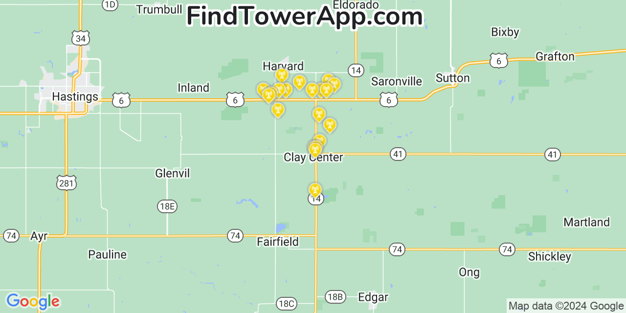 AT&T 4G/5G cell tower coverage map Clay Center, Nebraska