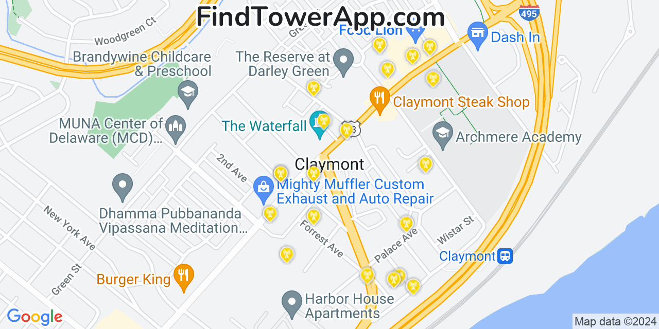AT&T 4G/5G cell tower coverage map Claymont, Delaware