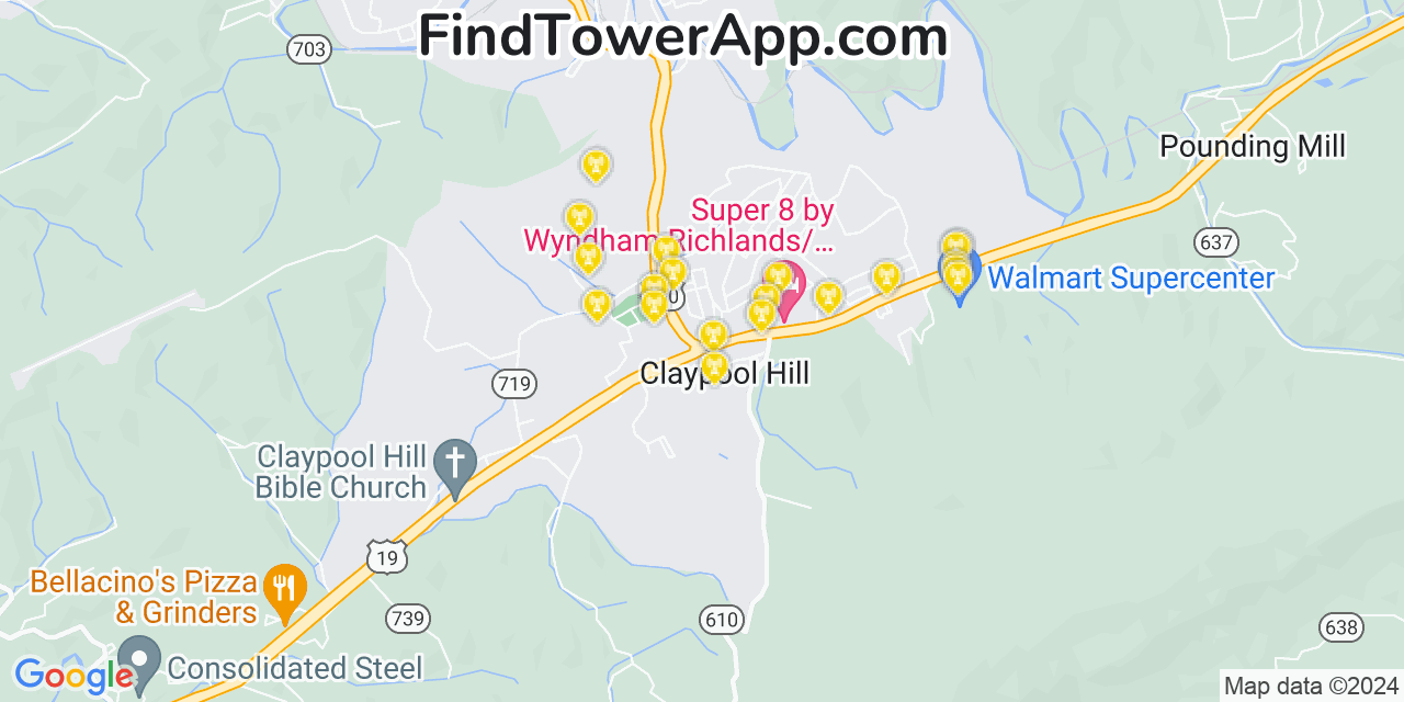 AT&T 4G/5G cell tower coverage map Claypool Hill, Virginia