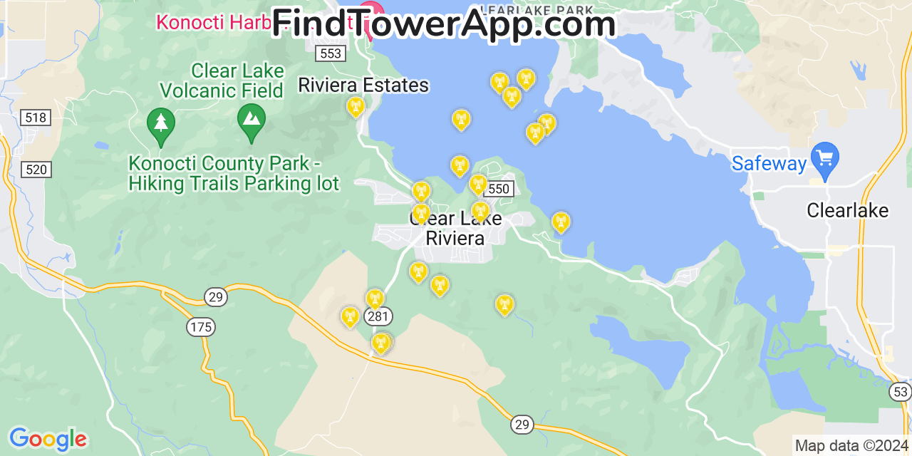AT&T 4G/5G cell tower coverage map Clear Lake Riviera, California