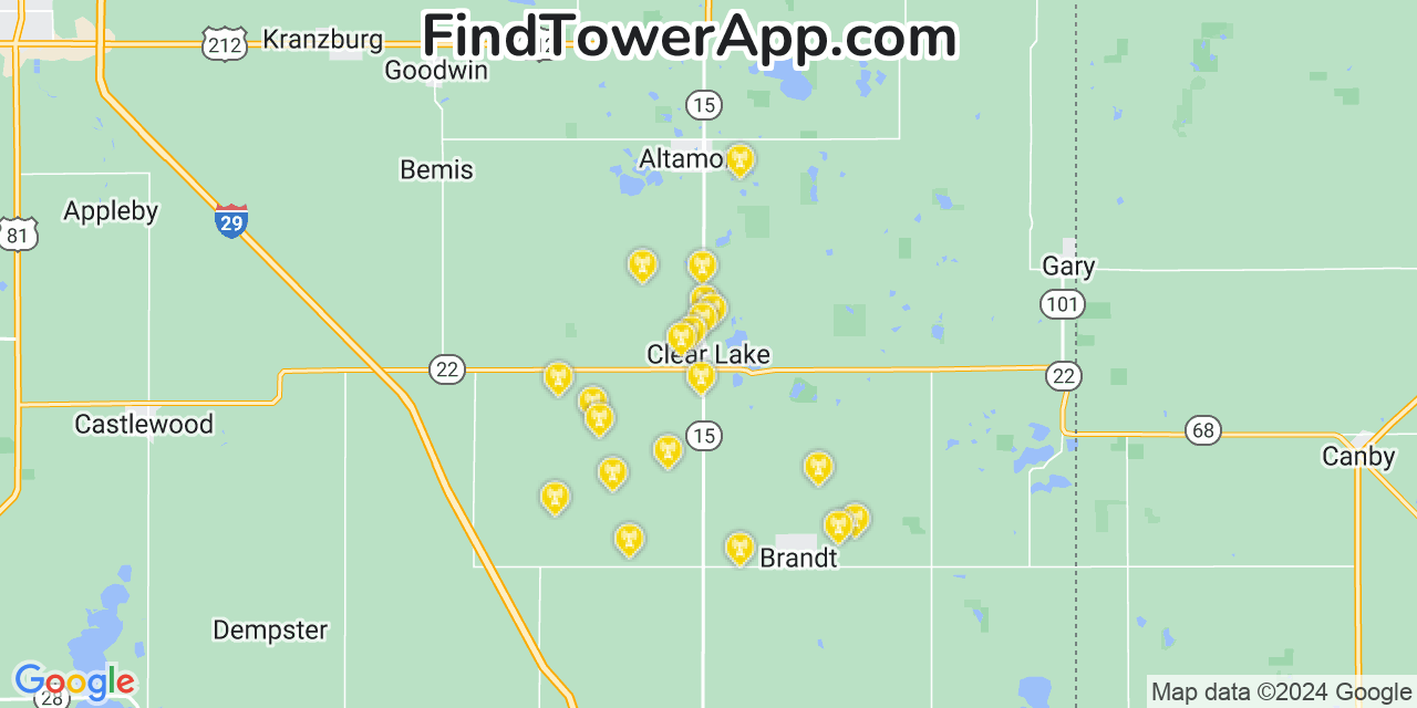 AT&T 4G/5G cell tower coverage map Clear Lake, South Dakota