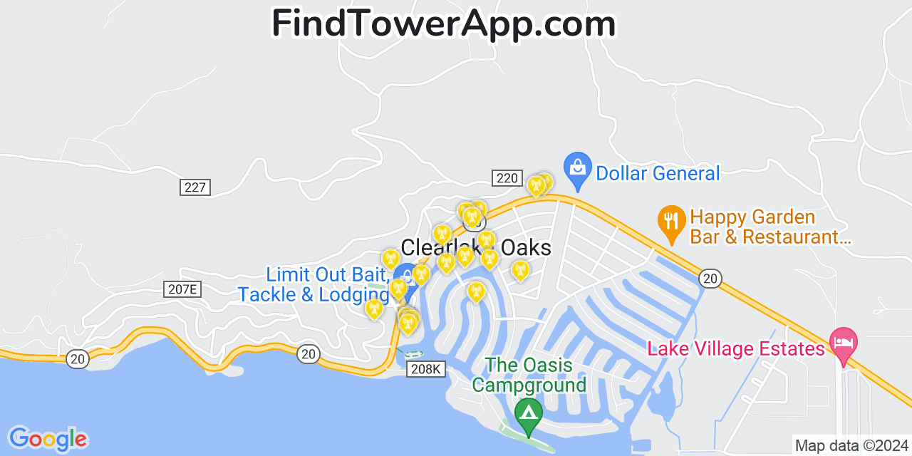 AT&T 4G/5G cell tower coverage map Clearlake Oaks, California