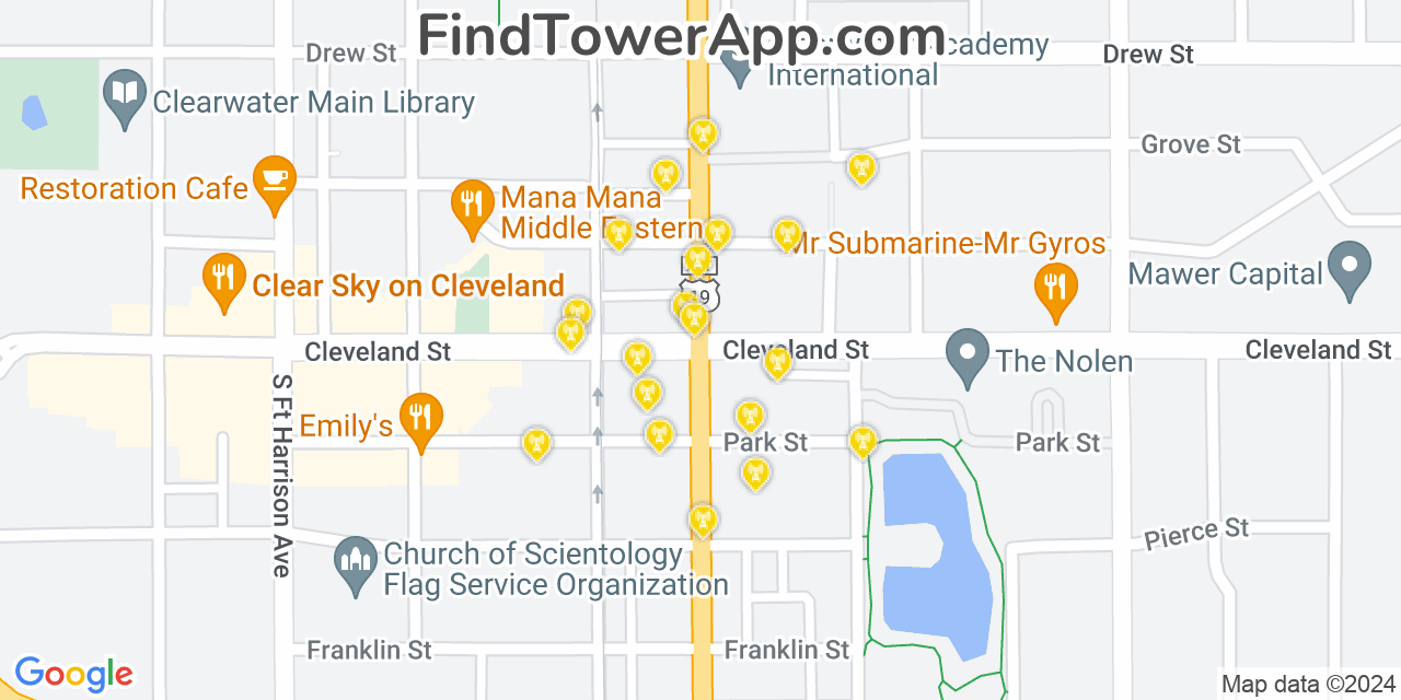 AT&T 4G/5G cell tower coverage map Clearwater, Florida