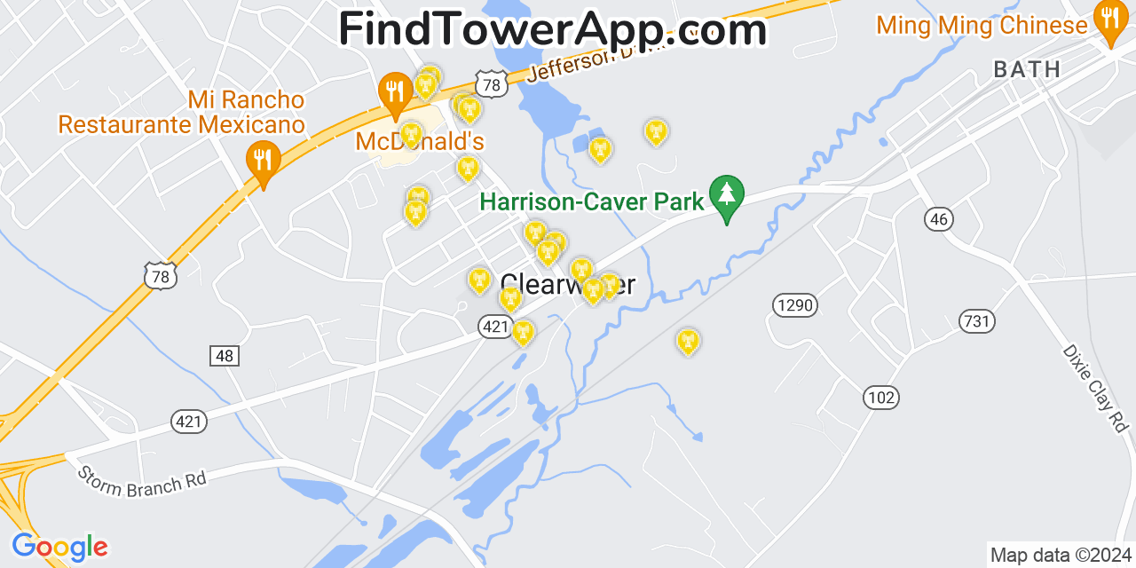 AT&T 4G/5G cell tower coverage map Clearwater, South Carolina
