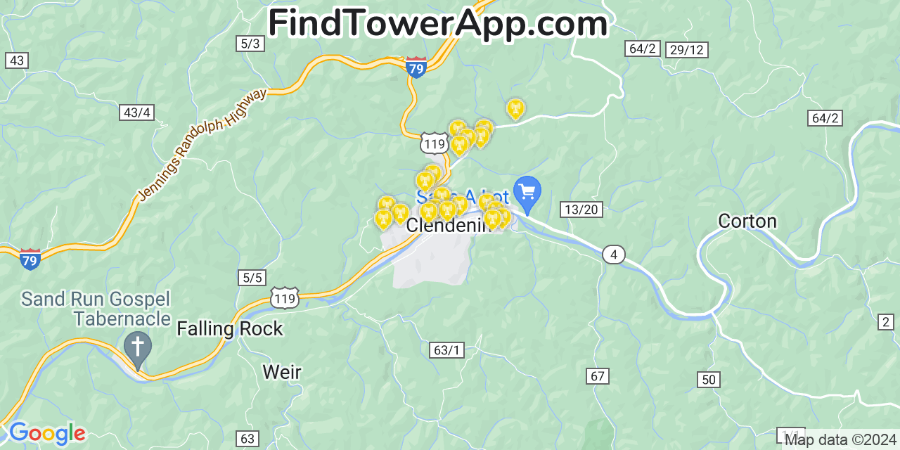 Verizon 4G/5G cell tower coverage map Clendenin, West Virginia